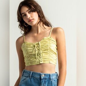NEW SKY AND SPARROW Ruched Lace Up Womens Citron Cami Crop Top Size Medium